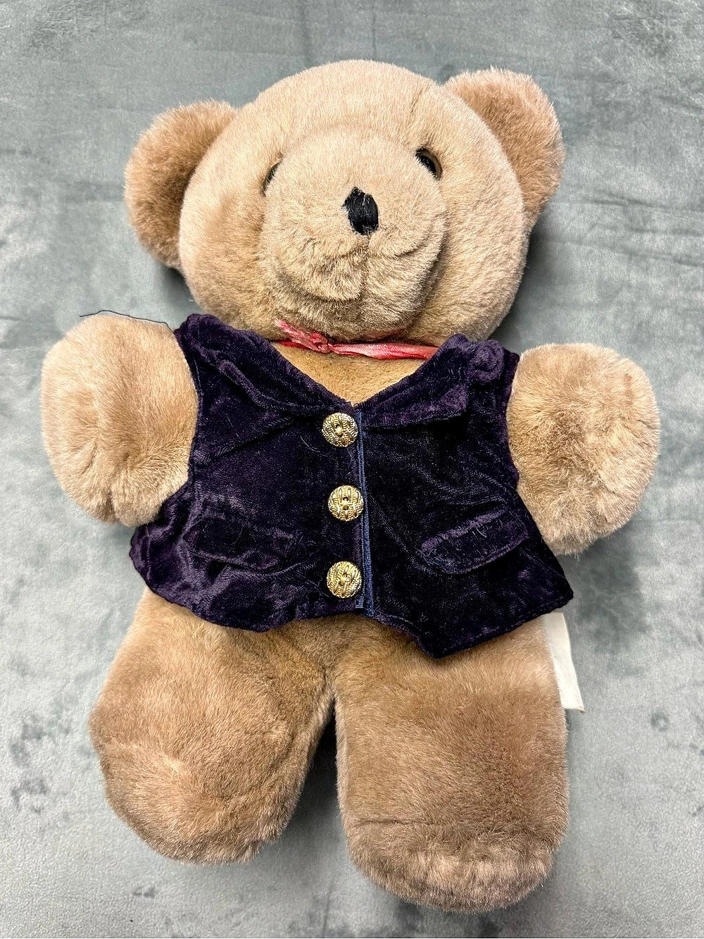 Vintage Teddy Bear Plush Brown Bear Purple Velvet Vest Ribbon